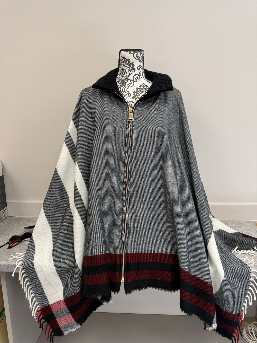 Indigo Soul Grey Striped Zip Front Poncho Wrap Ribbed Collar Fringe One Size